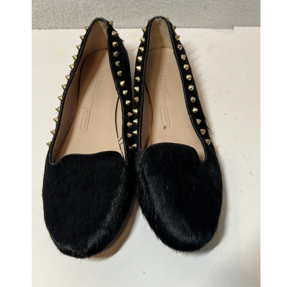 Zara Woman Black Hair Calf Leather Gold‎ Studded Loafer Flats Shoes 37 US 6.5